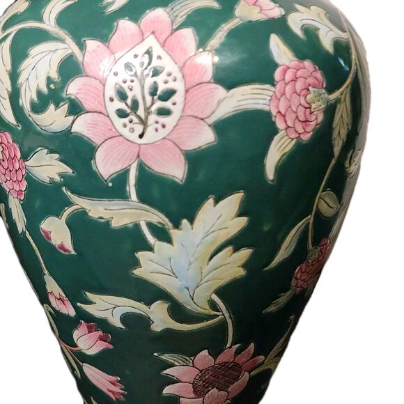 Vintage Porcelain Chinese Macau Vase Green with Pink Floral Design 10" Numbered - Picture 7 of 8